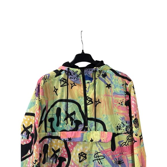 Reason Mens Graffiti Colorful Hooded Windbreaker Jacket Size XL Half Zip Front - Picture 2 of 8